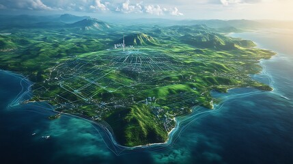 Island city network aerial, ocean, hills