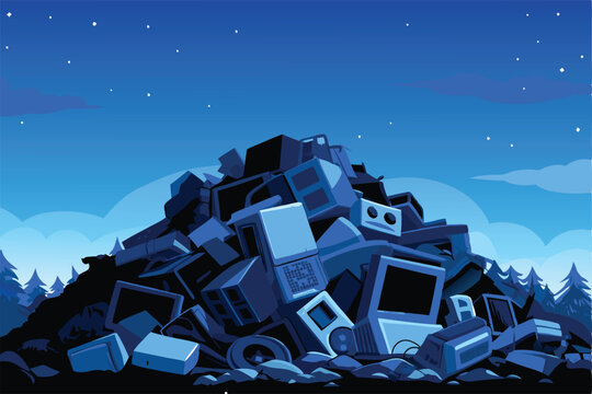 A sprawling mountain of discarded electronic waste, including obsolete computers and peripherals, depicting the global e-waste crisis.