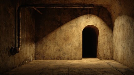 Dimly lit arched doorway in old basement with exposed pipes, vintage architectural design
