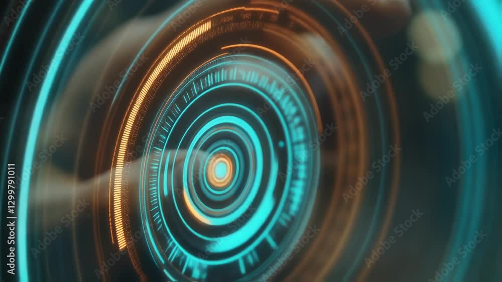 Poster close up of a finger touching and interacting with a futuristic holographic interface composed of ro