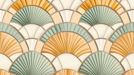 Vintage floor minimalist concept. A colorful, repeating pattern of fan shapes in soft hues of orange, blue, and cream, creating a stylish decorative design.