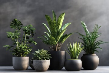 Fototapeta premium A stylish set of contemporary potted plants with concrete textures, perfect for a clean and sophisticated look.