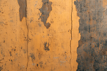 Obraz premium Close-up of a weathered cracked wall with peeling yellow and black paint texture