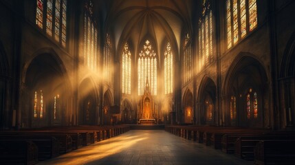 Obraz premium Majestic Cathedral Interior with Sunlight Streaming Through Stained Glass Windows. Spiritual Architecture.