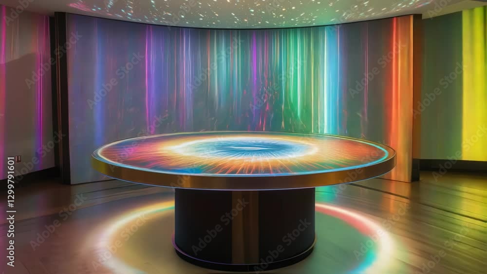Poster futuristic round table with interactive surface displays changing colors and light patterns, creatin