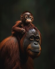 Mother Orangutan Carrying Baby Orangutan on Her Head, Close-up of Wildlife Portrait