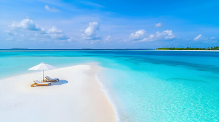 Obraz premium Aerial View of Tropical Beach Paradise with Turquoise Waters White Sand and Azure Sky