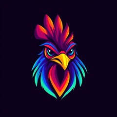 Fototapeta premium Fiery Rooster: A vibrant, abstract logo design featuring a stylized chicken head in a spectrum of bold, neon colors against a dark background.