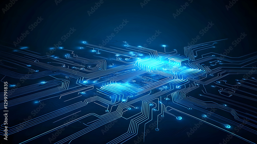 Poster abstract blue digital network with glowing light and grid structure