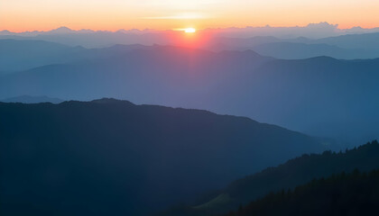 Obraz premium Majestic Sunrise Over Mountain Ranges Serene Landscape Peaceful Dawn Golden Hour Nature Photography Breathtaking View