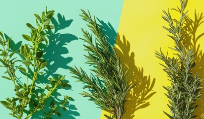 Obraz premium Vibrant Green and Yellow Herbs on a Two-toned Background