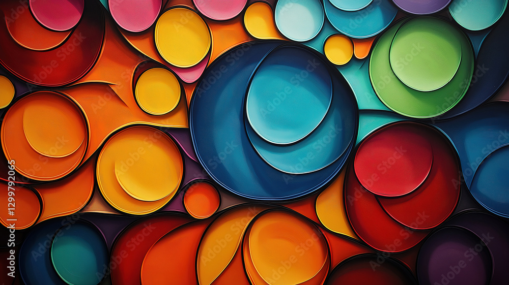 Poster abstract composition of colorful shapes featuring curves and circles in a modern artistic style