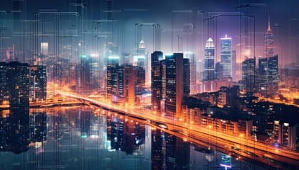 Night cityscape, digital network overlay, river reflection, urban technology