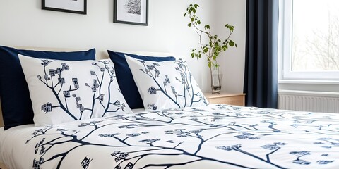 bedroom with circuitry bedding, circuitry pillows, white walls
