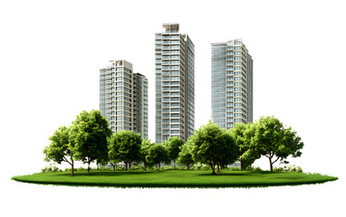 Obraz premium High-rise building, transparent PNG background with green grass and trees, architectural design