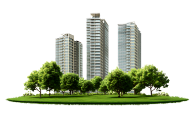 High-rise building, transparent PNG background with green grass and trees, architectural design