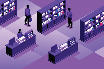 Create a detailed isometric illustration of a modern pharmacy's interior layout, showcasing shelving, counters, and waiting areas.  Include realistic product placement.