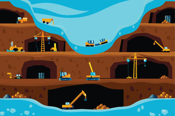 Create a detailed isometric vector illustration of a gold mine with multiple visible levels, showcasing shafts, supports, and potentially miners.  Emphasize gold ore.