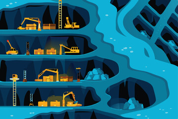 Create an isometric vector illustration of a gold mine with multiple visible levels showcasing shafts, tunnels, and mining equipment.  Gold nuggets should be subtly visible.