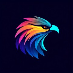 Obraz premium Fierce Eagle Head: Abstract Logo Design in Vibrant Orange and Blue Hues Against a Dark Background