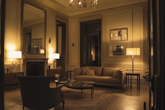 A stylish, uninhabited room with soft, diffused lighting, elegant architectural details, and modern, understated decor.