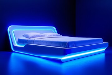 Modern LED Bed in Blue Light with Minimalistic Design