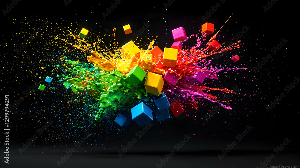 Poster abstract explosion of multicolored cubes and splashes on black background