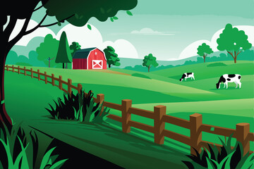 Idyllic pastoral scene rolling green hills, contented cows grazing peacefully near a vibrant red barn under a clear sky. © ndomble