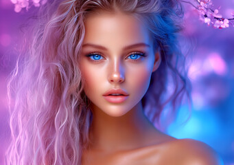 Fototapeta premium Woman with long hair and blue eyes is the main focus of the image