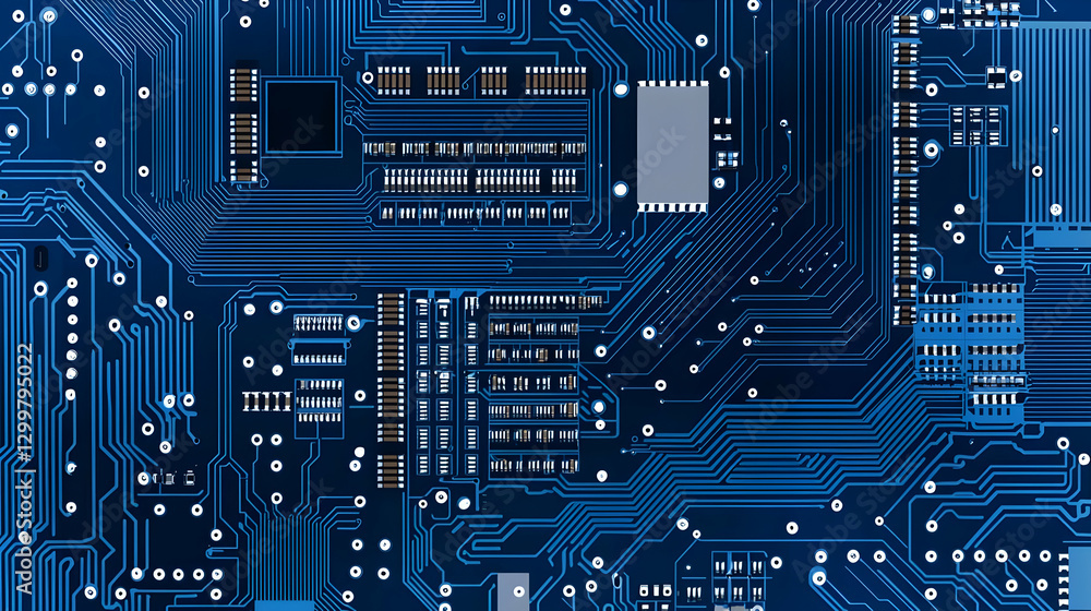 Poster detailed close up of a blue circuit board with integrated electronic components and intricate networ