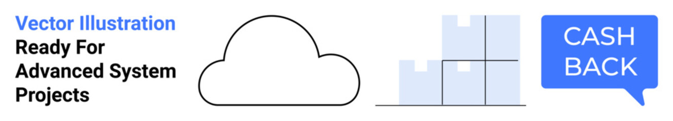 Obraz premium Cloud icon, stacked boxes grid, cashback speech bubble. Ideal for data storage, cloud computing, e-commerce, fintech, logistics, cashback systems flat landing page banner