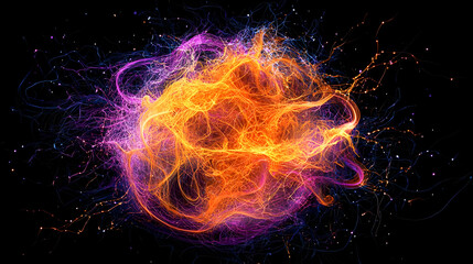 Abstract Explosion of Orange and Purple Energy Particles Against Black Background