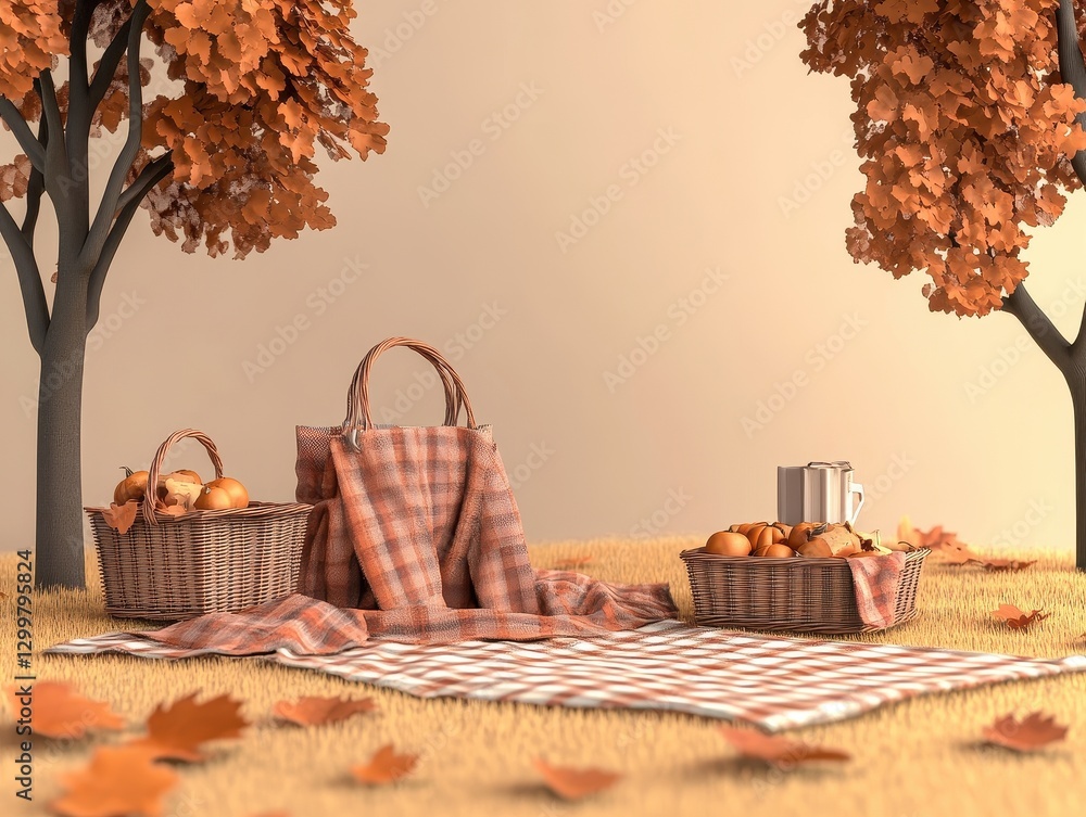 Poster autumn picnic scene with plaid blanket and baskets under trees