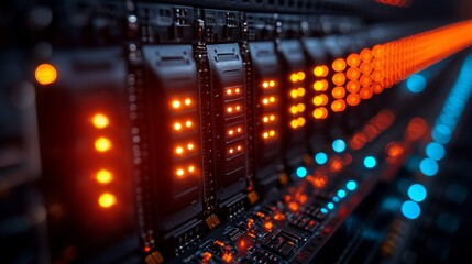 Close-up of illuminated server rack with orange and blue lights, showing data processing.