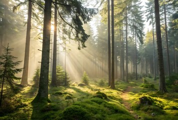 Obraz premium Sunlight streams through tall trees in a lush green forest with moss-covered ground, creating a peaceful and serene atmosphere