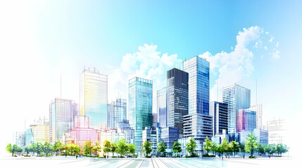 Obraz premium Urban City Skyline With Modern Skyscrapers And Green Trees Under Blue Sky