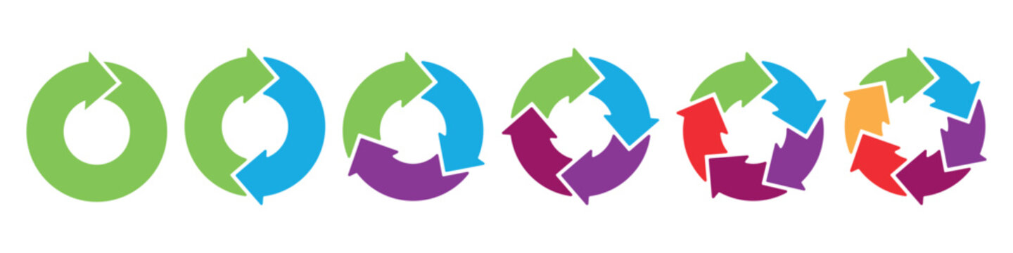 Colorful circle transition stages. Diagram infographic set. Rotation cycle vector 1, 2, 3, 4, 5, 6, parts. Circle and flow concept