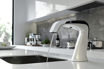 Futuristic touchless faucet in sleek kitchen with smart appliances, monochrome decor.