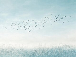 Obraz premium A large flock of birds in flight against a serene, pastel sky, creating a peaceful and tranquil nature scene