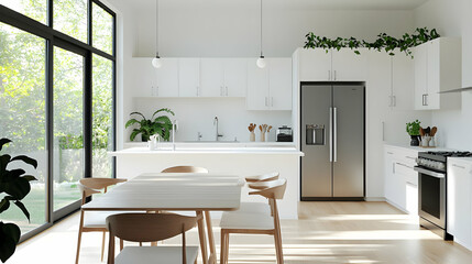Modern White Kitchen Interior with Table Chairs and Large Window Showcasing Bright Daylight and Green Plants