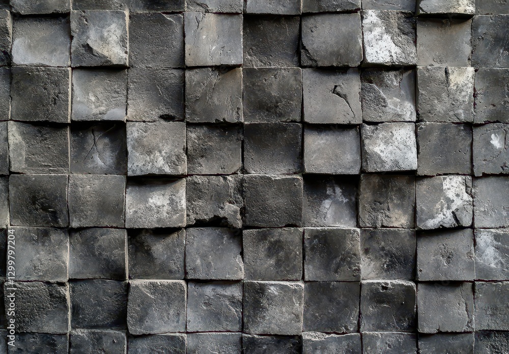 Poster textured gray stone wall with square tiles in various shades of black and gray for artistic backgrou
