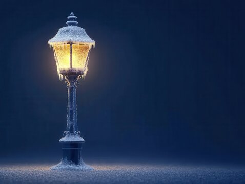 Enigmatic glowing lamp post in a snowy winter night