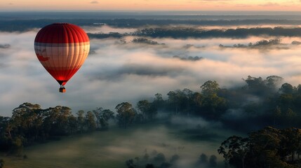 Obraz premium Hot Air Balloon Over Misty Landscape at Sunrise in Soft Light