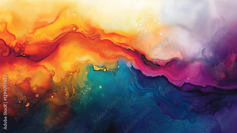 Poster vibrant ink textures blending contrasting colors, creating stunning visual effects with dynamic move
