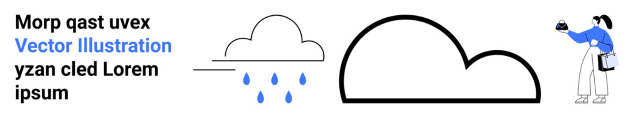 Cloud forms with raindrops and bold outline, paired with a person holding a camera. Ideal for weather, creativity, technology, nature, photography, education, flat landing page banner