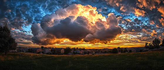 Fototapeta premium Dramatic sunset over a serene landscape with vibrant clouds and distant houses, evoking tranquility