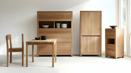 Wooden Furniture Set With Table Chairs And Cabinets In Light Interior Studio Space