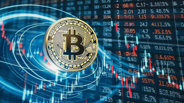 Bitcoins on the financial chart, binary code