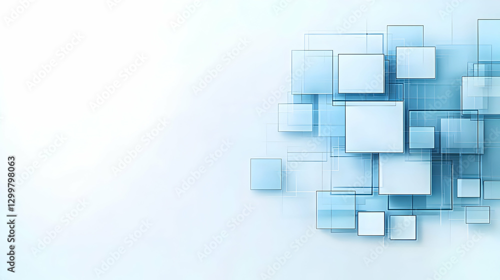 Poster abstract blue cubes arranged in an asymmetrical pattern against a white background