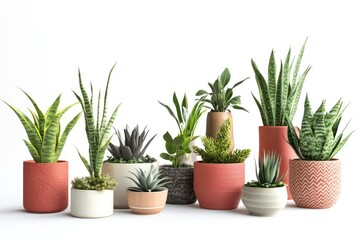 Obraz premium A stylized 3D illustration of potted houseplants, featuring a variety of indoor plants like aloe and snake plants, isolated against a white backdrop.